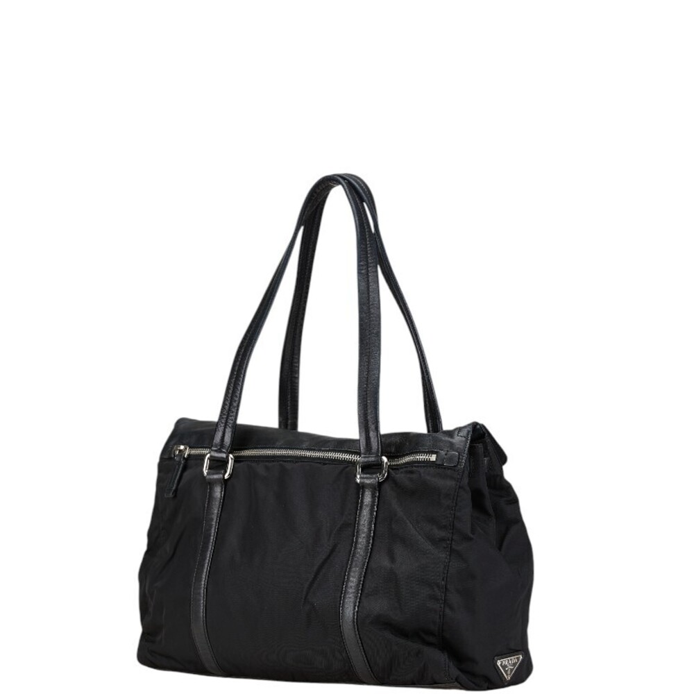 Prada triangular leather black bag logo nylon shoulder plate tote